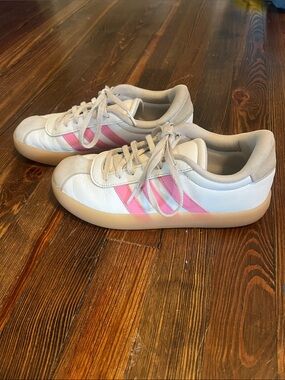 adidas Kids White Sneakers with Pink Stripes and Gum Sole